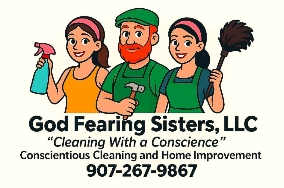 God Fearing Sisters LLC logo — three family members with cleaning and handyman tools